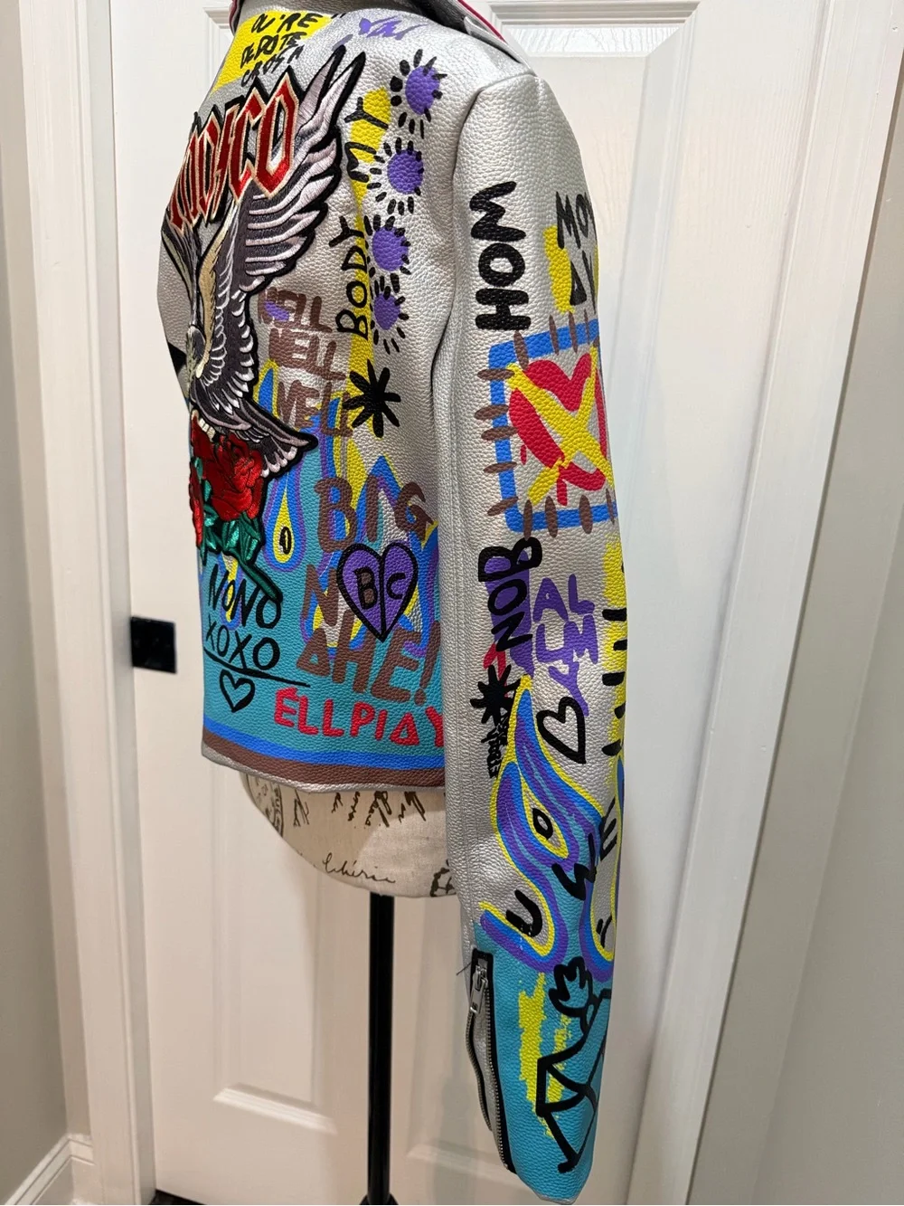 Azalea Wang Graffiti Silver Jacket Embellished Eagle Rose Statement Piece